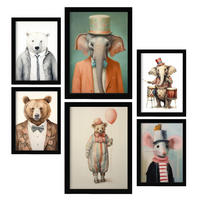 POSTER Set Mit 6 Zirkustiere A3 & A4 Schwarzer Rahmen - Schwarz, Papier (29/3cm) - Nacnic