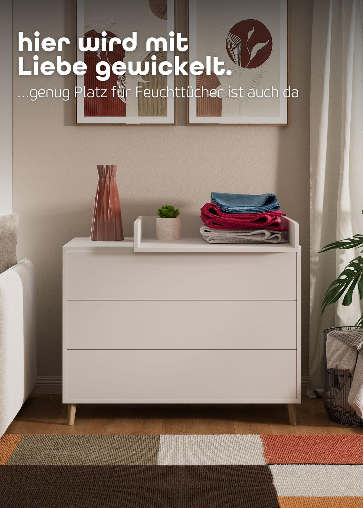 WICKELKOMMODE EDEN – Push-to-Open, Touch-Close, abnehmbarer Wickelaufsatz & Schubladen mit Fächern - weiß - Buchefarben/Weiß, Holzwerkstoff/Buchenholz (71/94/114cm) - Sämann – make a difference.