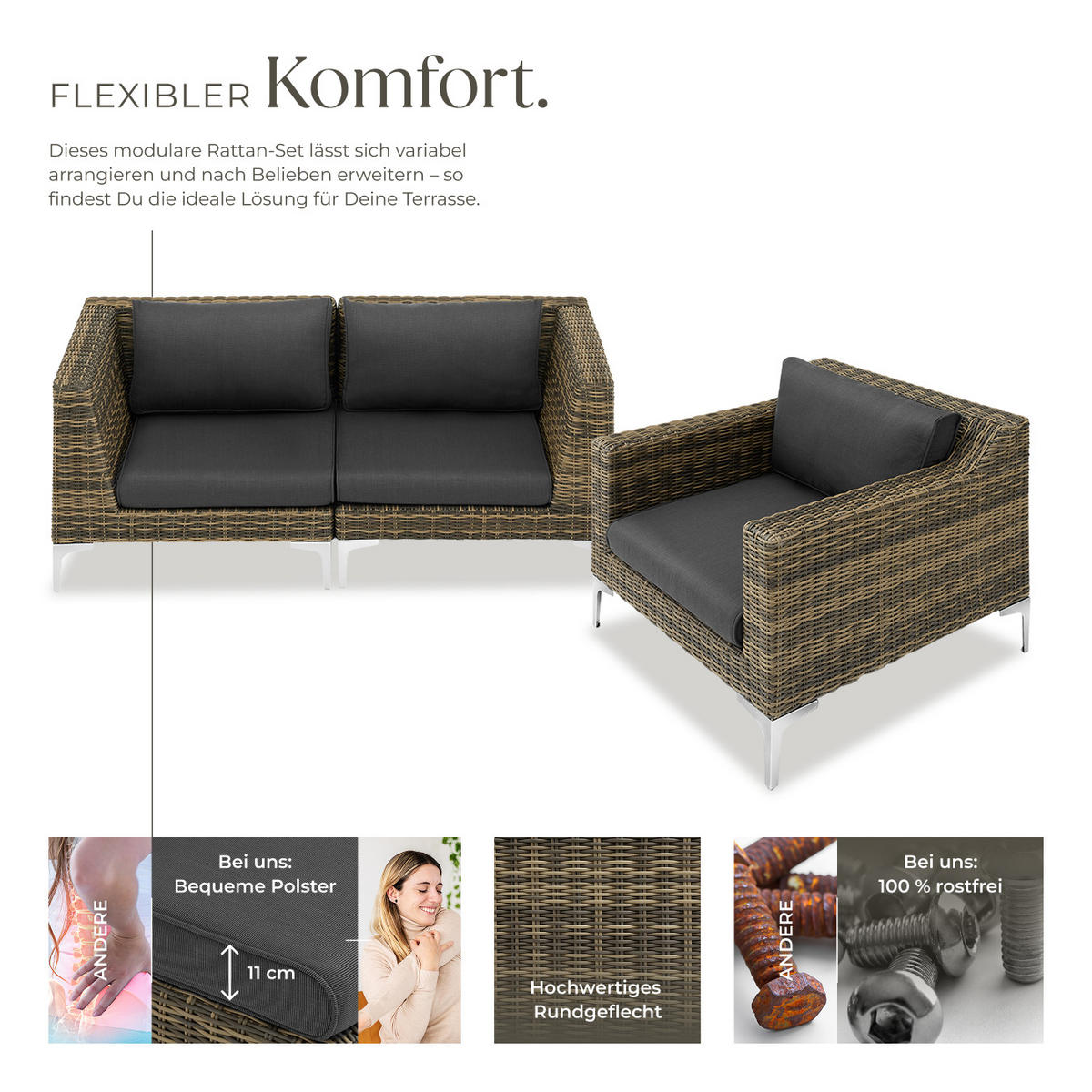 GARTEN-LOUNGE-SET Villanova,kein Aufbau,anthrazit-meliert - Anthrazit, Kunststoff - tectake