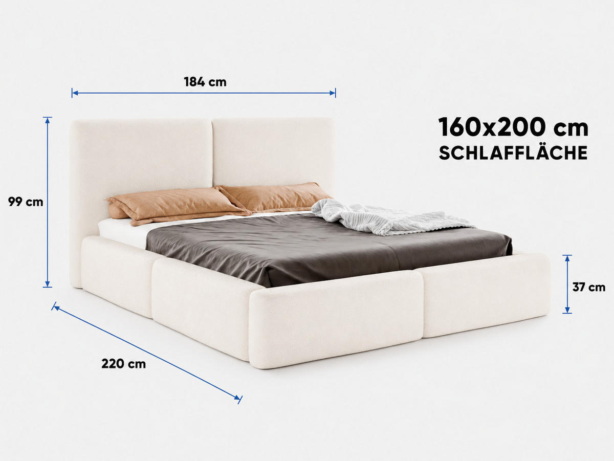 POLSTERBETT LIVIA 160x200 cm mit Bettkasten, Stauraum und Metall-Lattenrost – Bouclé Stoff Weiß - Schwarz/Weiß, Textil/Metall (160/200cm) - Luxkor24
