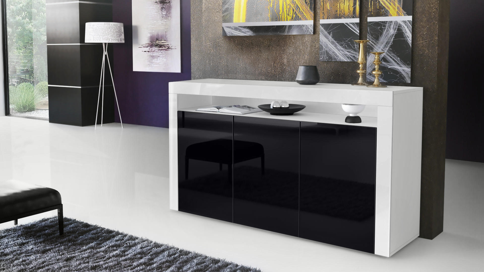SIDEBOARD Valencia Schwarz Hochglanz / Weiß Hochglanz - Schwarz Hochglanz, Holzwerkstoff (155/92/40cm) - Vladon