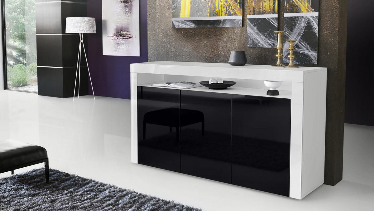 SIDEBOARD Valencia Schwarz Hochglanz / Weiß Hochglanz - Schwarz Hochglanz, Holzwerkstoff (155/92/40cm) - Vladon