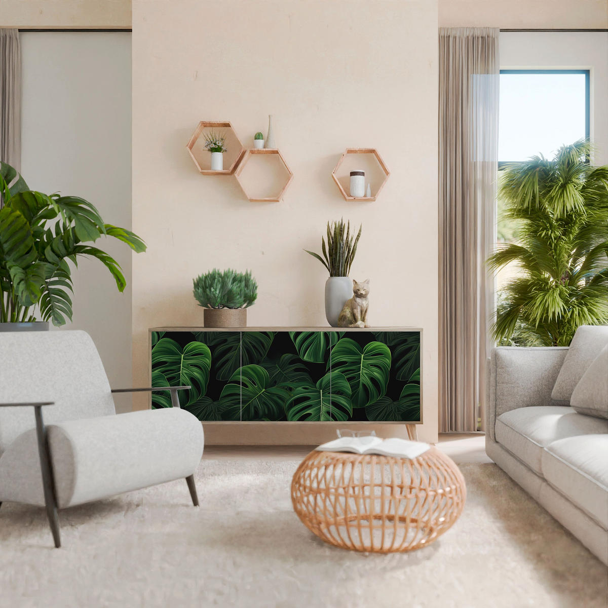 SIDEBOARD INFINITE MONSTERA, Eicheneffekt, 164,5x42x77,5 cm, 3 Türen - Eichefarben/Buchefarben, Holzwerkstoff/Buchenholz (164.5/77.5/42cm) - SpaceRebels