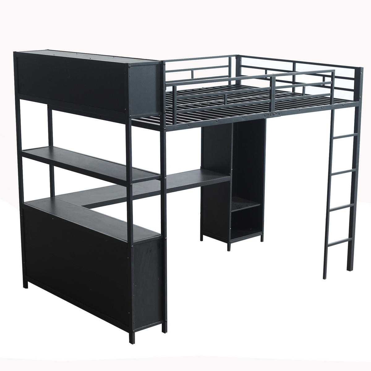 HOCHBETT 140/200 cm mit Schreibtisch, doppeltem Stauraum, Kleiderschrank und 4-stufiger Leiter, Schwarz - Schwarz, Metall (90/200cm) - Redom