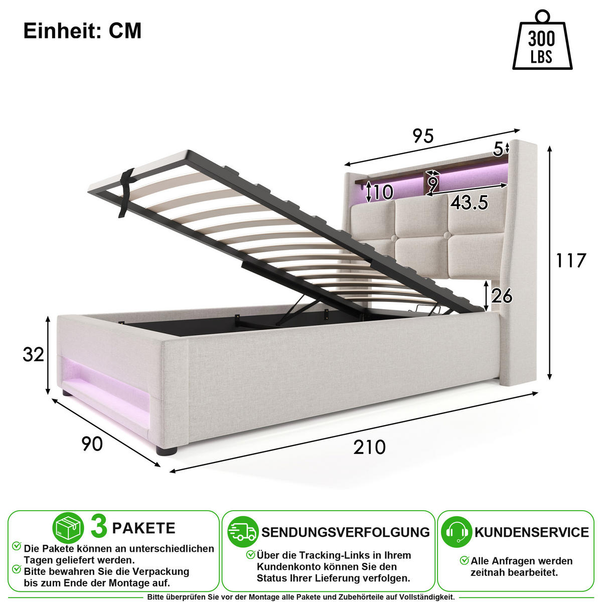 POLSTERBETT 90/200 cm in Hellbeige Leinen mit Bettkasten, LED, USB und Matratze - Beige, Holzwerkstoff/Textil (90/200cm) - CHICFURN