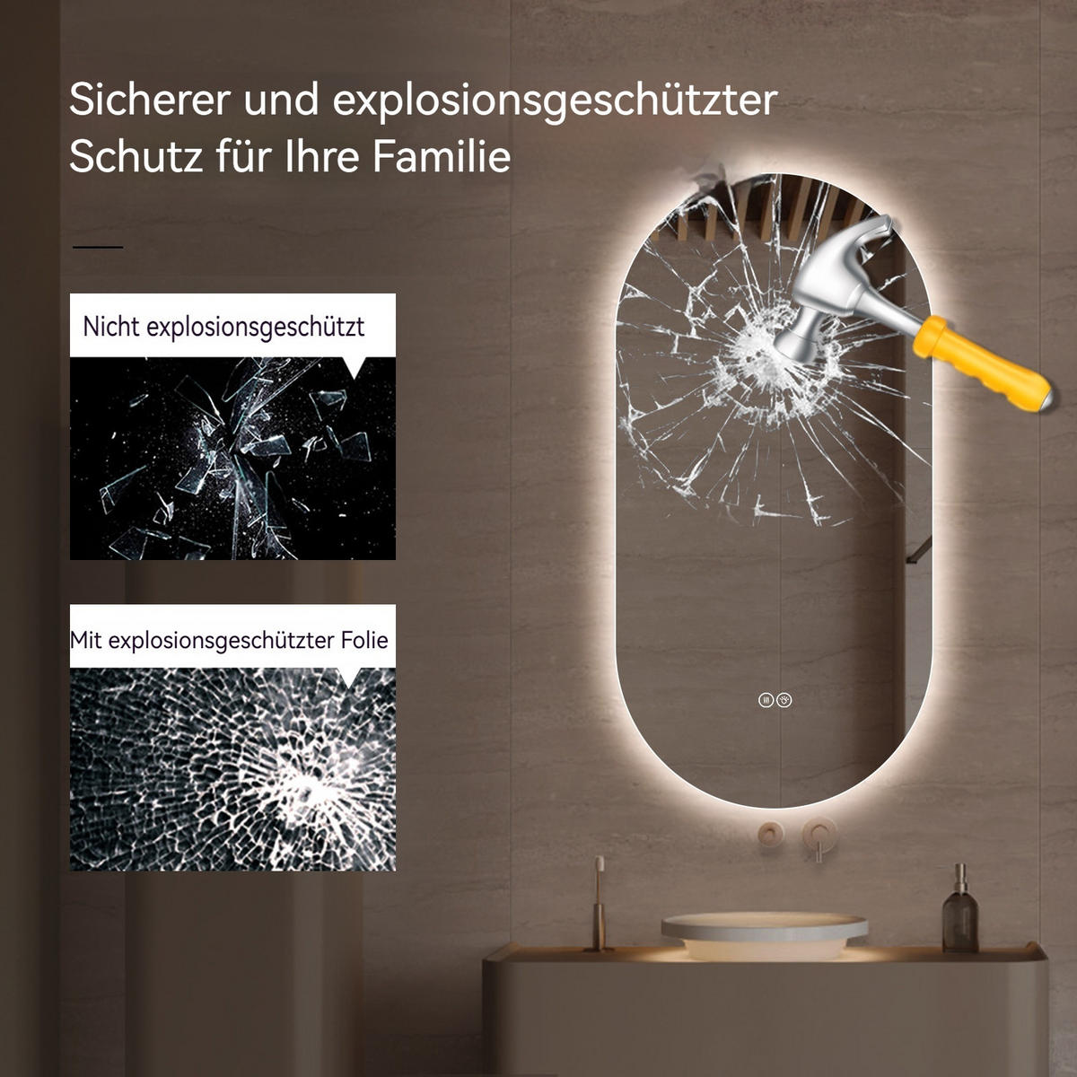 LED Badezimmerspiegel 60x120x3cm,Silber mit 3 Lichtfarben, Entspiegelung & zwei Anschlussarten - Silberfarben, Glas (3/120/60cm) - Modfu