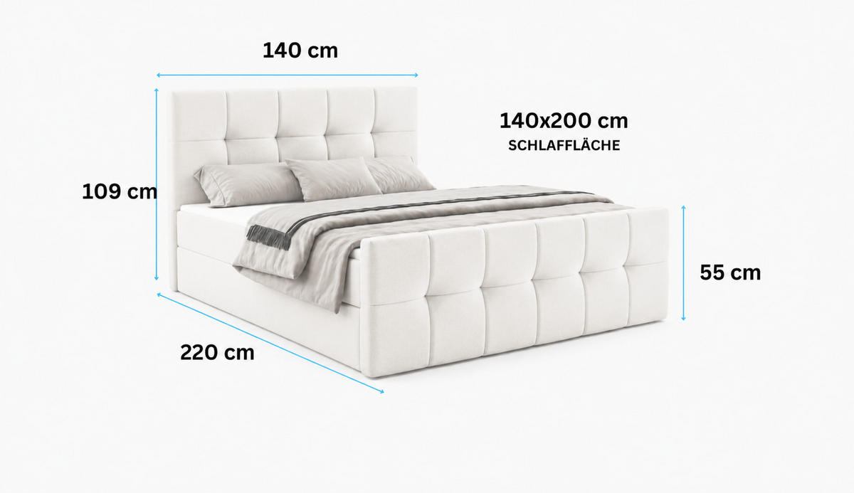 BOXBETT AUREN FRONT 140x200 cm Komplett-Set mit Bonell-Matratze, Topper und Bettkasten, Samt Beige - Beige, Textil (140/200cm) - Luxkor24
