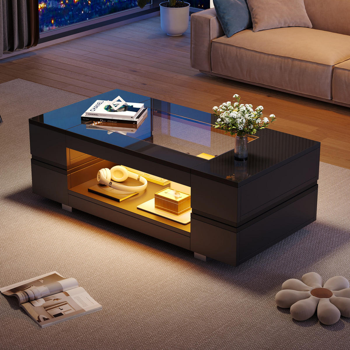 COUCHTISCH Schwarz LED Bluetooth App Hochglanz Doppelschicht Hohl Design - Schwarz, Holz (72.39/60.96/20.32cm) - FLIEKS