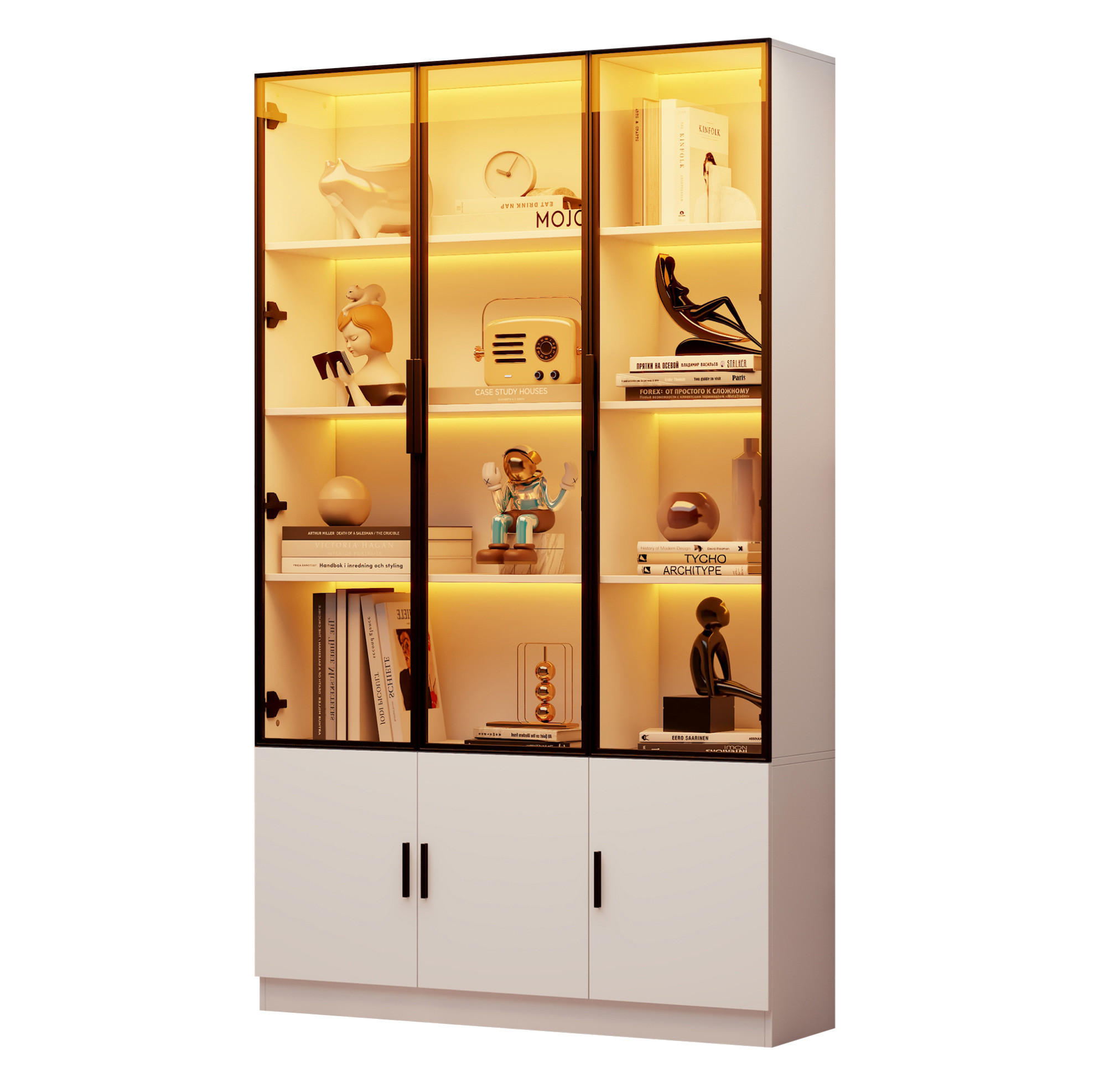 HIGHBOARD 120/32/200 cm in Weiß mit 6 Glastüren und LED-Beleuchtung - Weiß, Holzwerkstoff (120/200/32cm) - Flora Grace