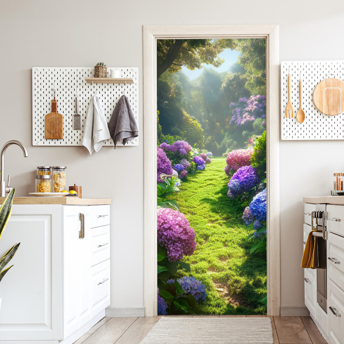 TÜRAUFKLEBER Selbstklebend - Natur - Hortensie - Blumen - Grün 95x215 cm - Türtapete - Hellgrün, Kunststoff (95/0.1cm) - MuchoWow