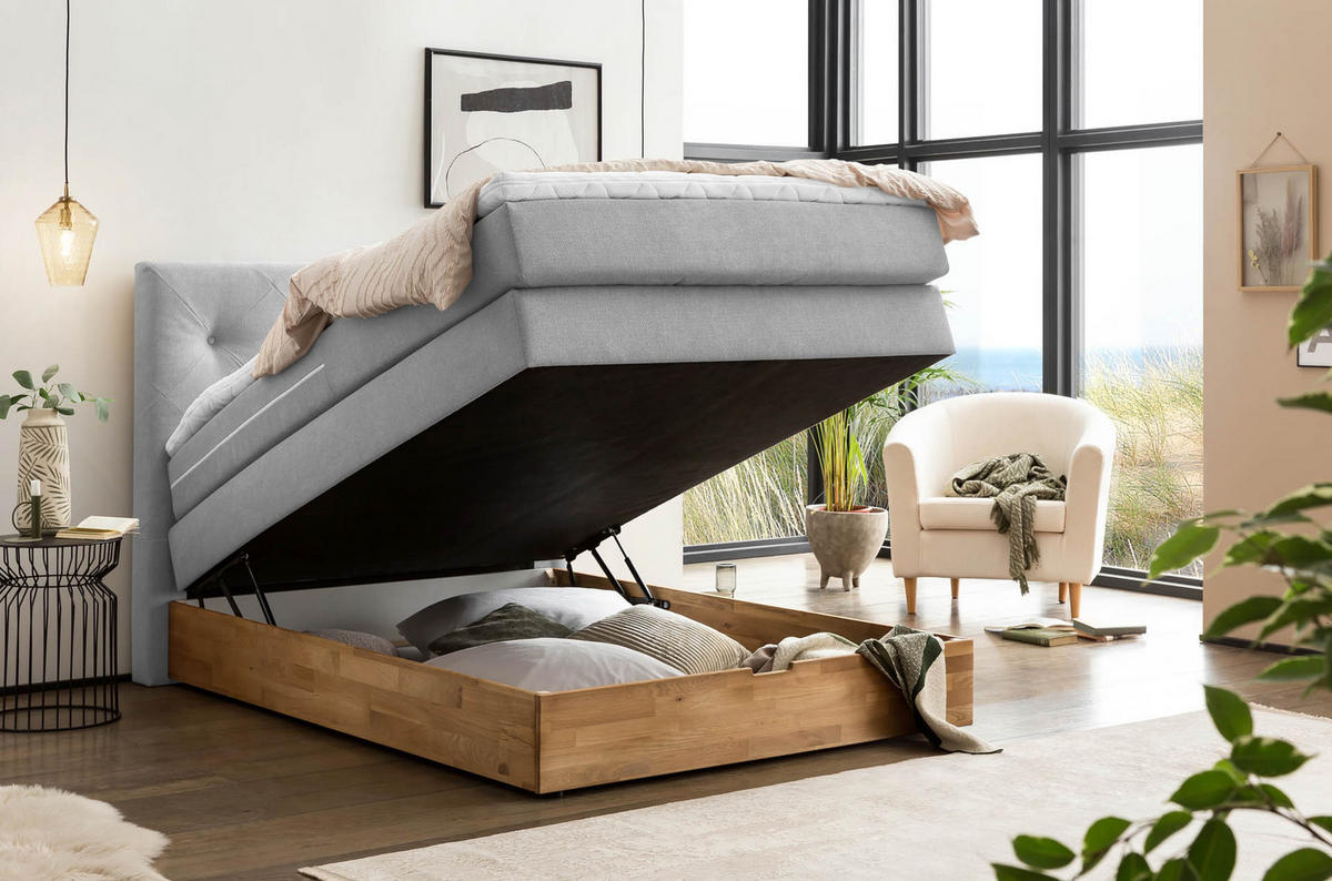 BOXSPRINGBETT MARBO 140x200 Hellgrau H2 und H3 mit Bettkasten 7-Zonen Taschenfederkern Matratze inkl. Visco Topper und Eiche - Hellgrau, Textil (140/200cm) - Belanoti