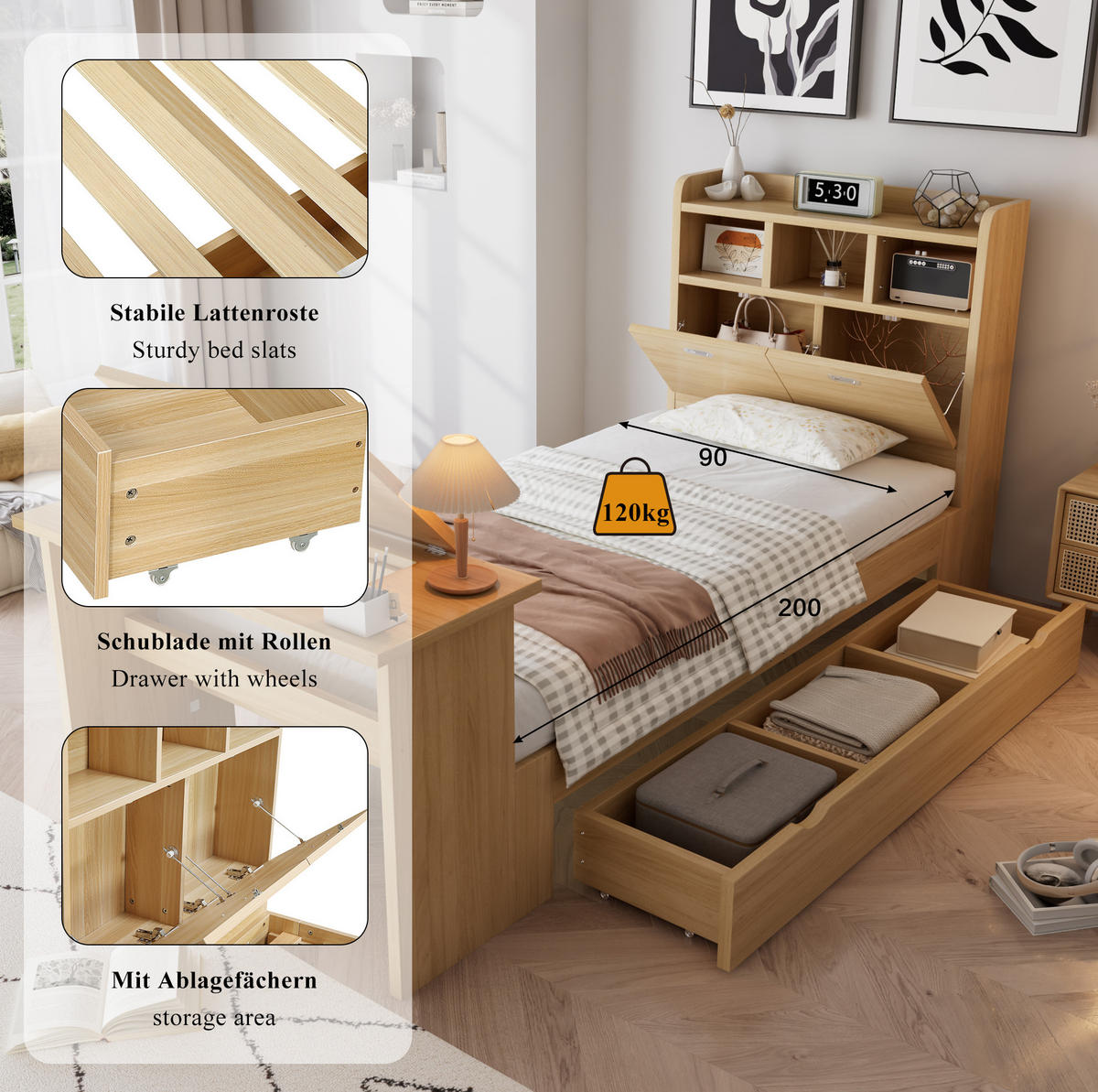 BETT 90x200 cm in Naturholzoptik mit Stauraum und Klapptisch - Naturfarben, Holz (90/200cm) - Flora Grace