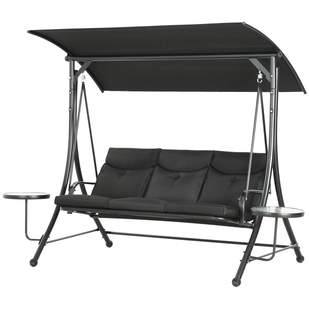 3-SITZER HOLLYWOODSCHAUKEL DE-07098 verstellbares Sonnendach, mit Glastischen Schwarz - Schwarz, Metall (278/177/135cm) - ComfortXL