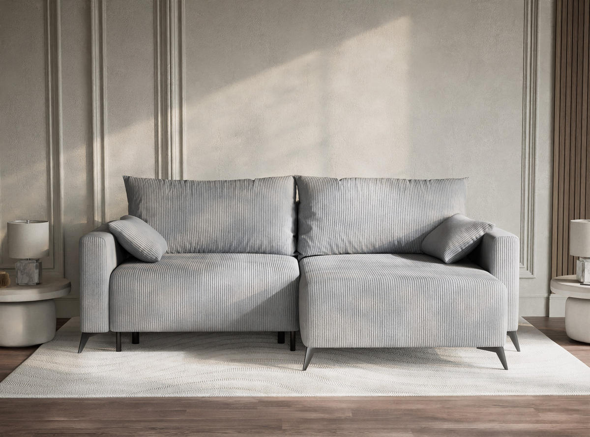 ECKSOFA MIT SCHLAFFUNKTION Leon Hellgrau Samtstoff - Hellgrau/Schwarz, Holz/Holzwerkstoff (239/148cm) - Maison de Reve