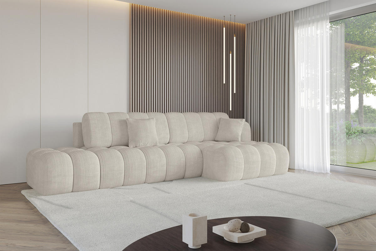ECKSOFA mit Schlaffunktion Ottomane RECHTS OLEA-L2 321x164x75 Creme Cord - Ecru/Schwarz, Holzwerkstoff/Kunststoff (164/321cm) - ALTDECOR