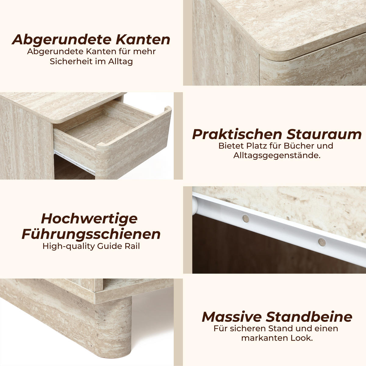 NACHTTISCH in Travertin-Optik | B53 x T45 x H50 cm - Beige, Holzwerkstoff (40/54/40cm) - Hometopia