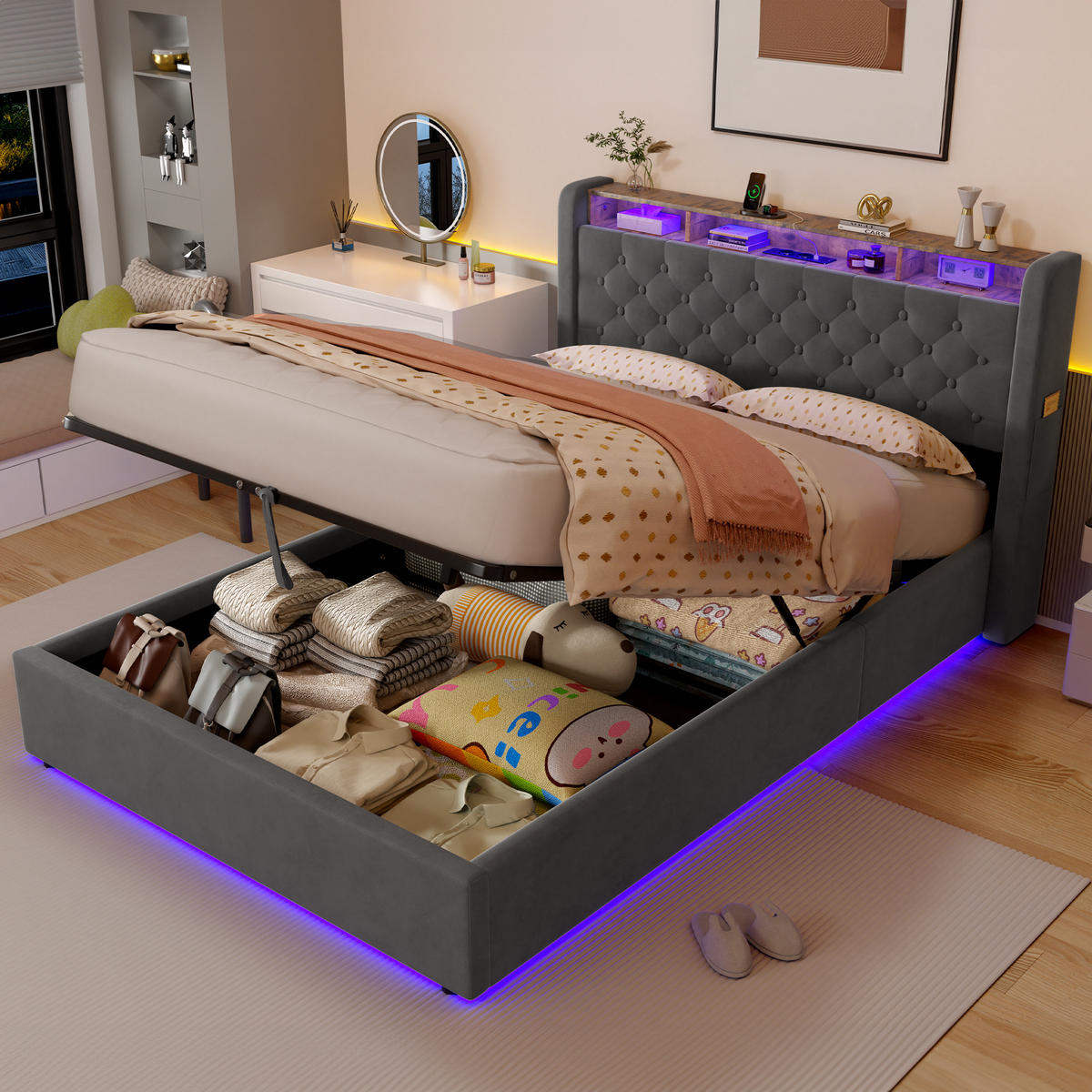 POLSTERBETT aus Samt 140x190 cm Grau mit LED-Beleuchtung & USB-Anschlüsse mit hydraulischem Stauraum - Grau, Textil (140/190cm) - Modfu