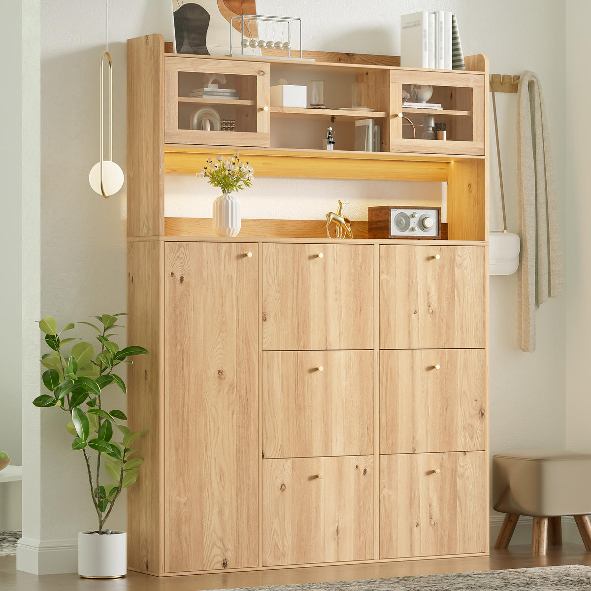 SCHUHSCHRANK 130x25x180cm mit Glas, LED und 6 Klappen - Naturfarben, Holzwerkstoff (130/180/25cm) - FLIEKS