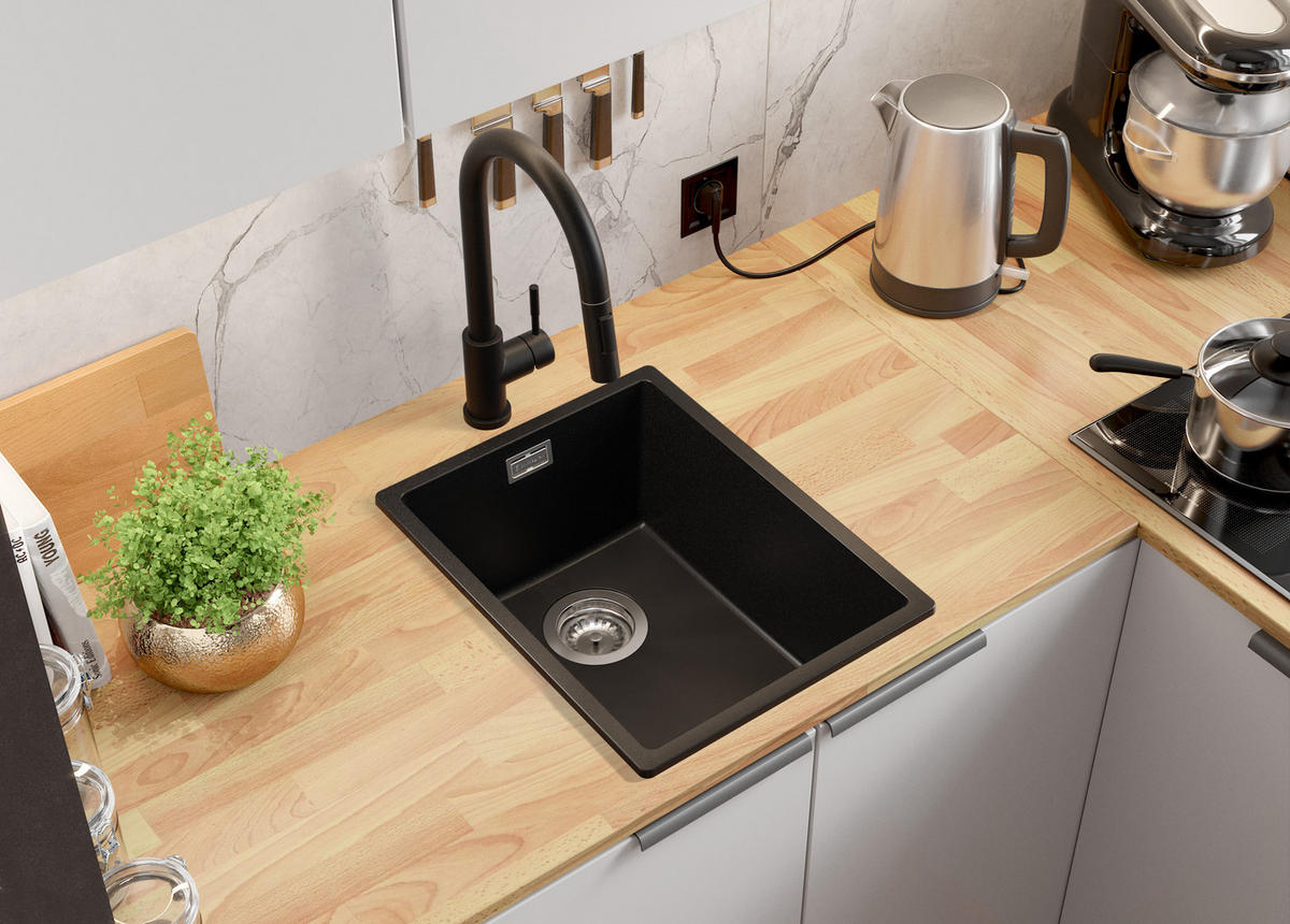 GRANITSPÜLE London Slim, 2-er set Alles Schwarz 36/47 cm 1 Becken + Küchenarmatur 40/38 cm + Ablauf-Set ab 40er Unterschrank - Schwarz, Kunststoff (36/20/47cm) - Primagran