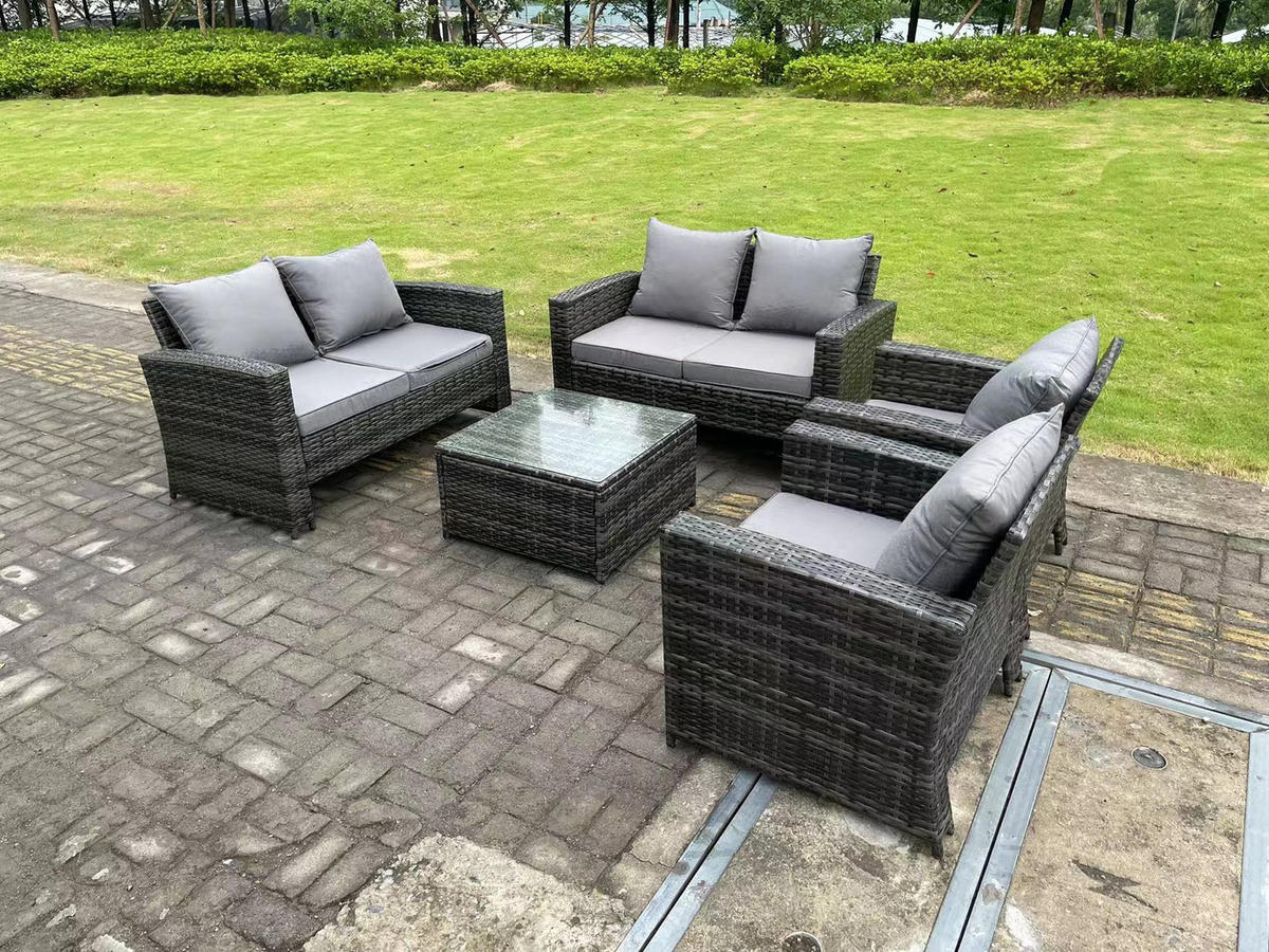 GARTENSOFA SET mit Couchtisch Polyrattan Dunkelgrau 6-Sitzer - Dunkelgrau, Metall - Fimous