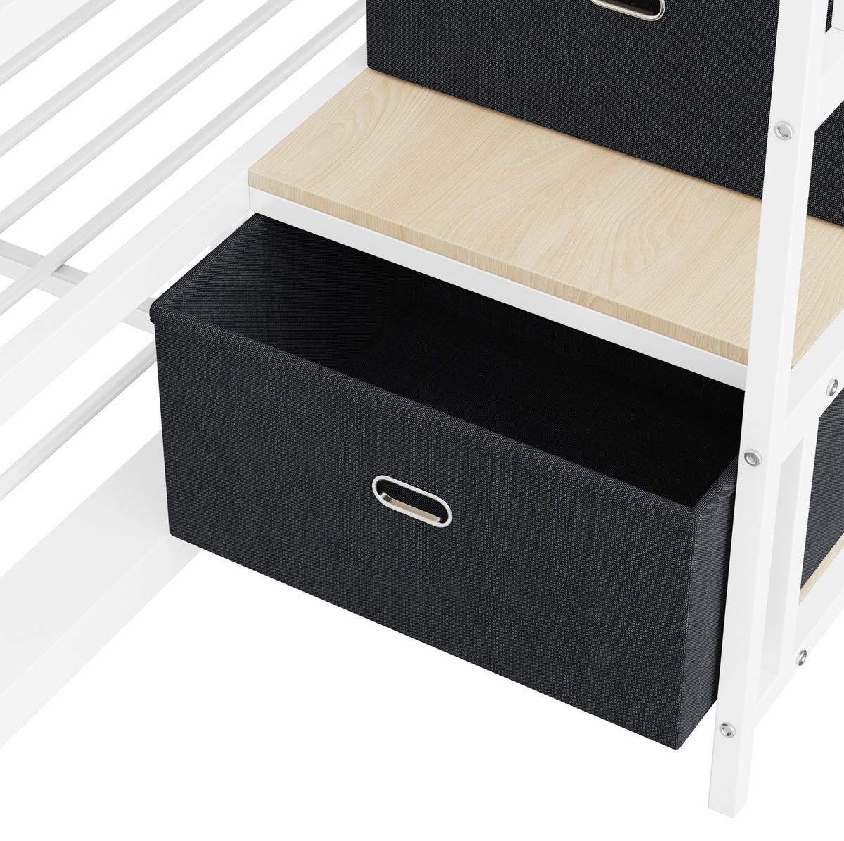 ETAGENBETT aus MDF und Metall 140x200 cm Weiß/Walnuss mit Stauraumtreppe, LED und USB-Anschlüssen - Weiß, Holzwerkstoff (140/200cm) - Modfu