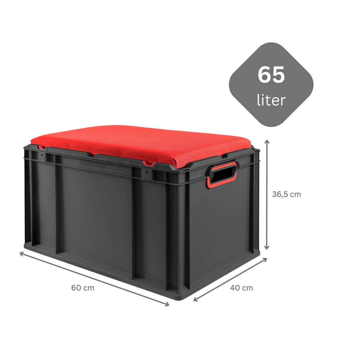 EUROBOX NextGen Seat Box Rot, HxBxT 36,5x40x60cm, 65 Liter, Griffe offen, Schwarz - Schwarz, Kunststoff (40/36.5/60cm) - PROREGAL