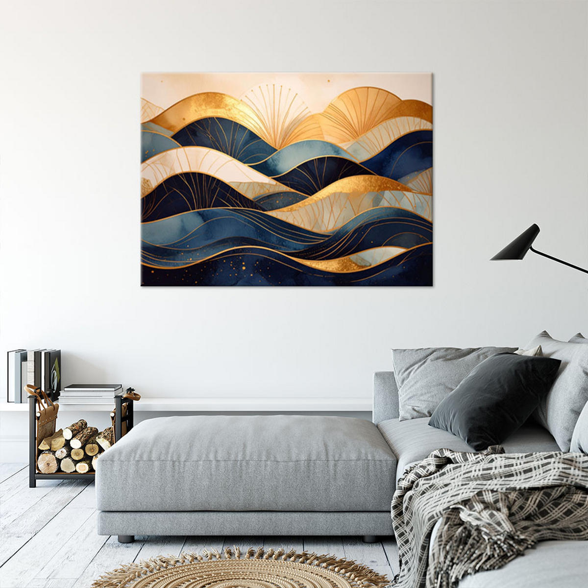 LEINWANDBILD, Marineblaue und goldene wellenförmige Lagen - Blau, Textil (60/40cm) - Feeby