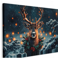 LEINWANDBILD Hirsch - Weihnachten - Winter - Schnee - Weihnachtskranz XXL 150x100 cm - Dunkelbraun, Textil (150/100cm) - MuchoWow