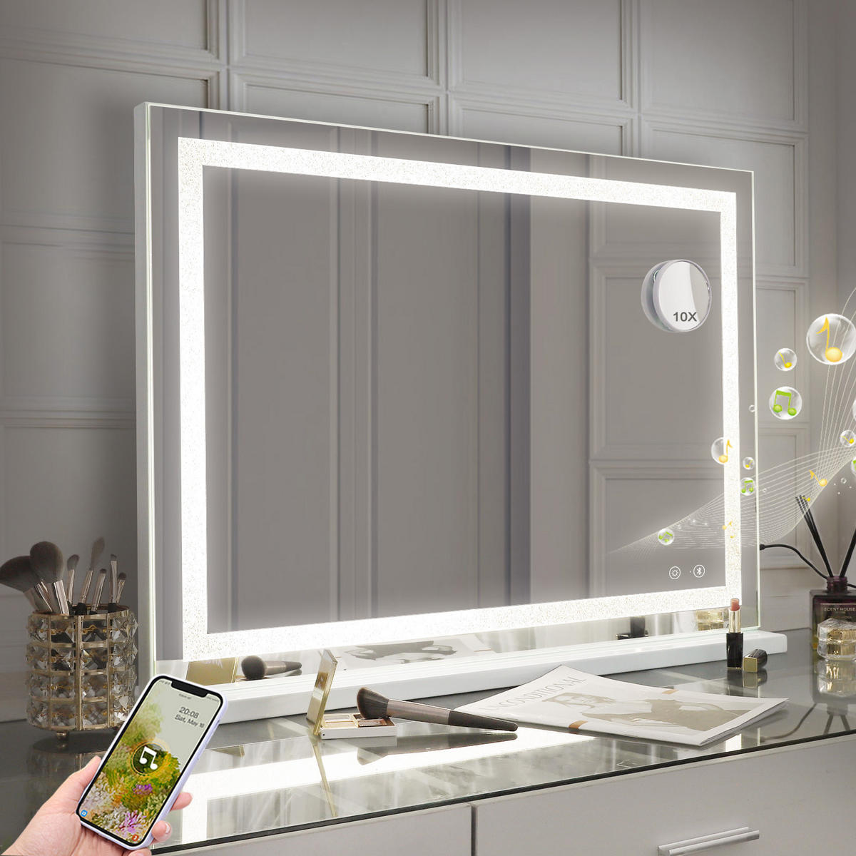 SCHMINKSPIEGEL mit LED Lichtleiste gestreute Diamanten und Bluetooth weiß 80/58 cm - Weiß, Metall (80/58/3cm) - VANITII
