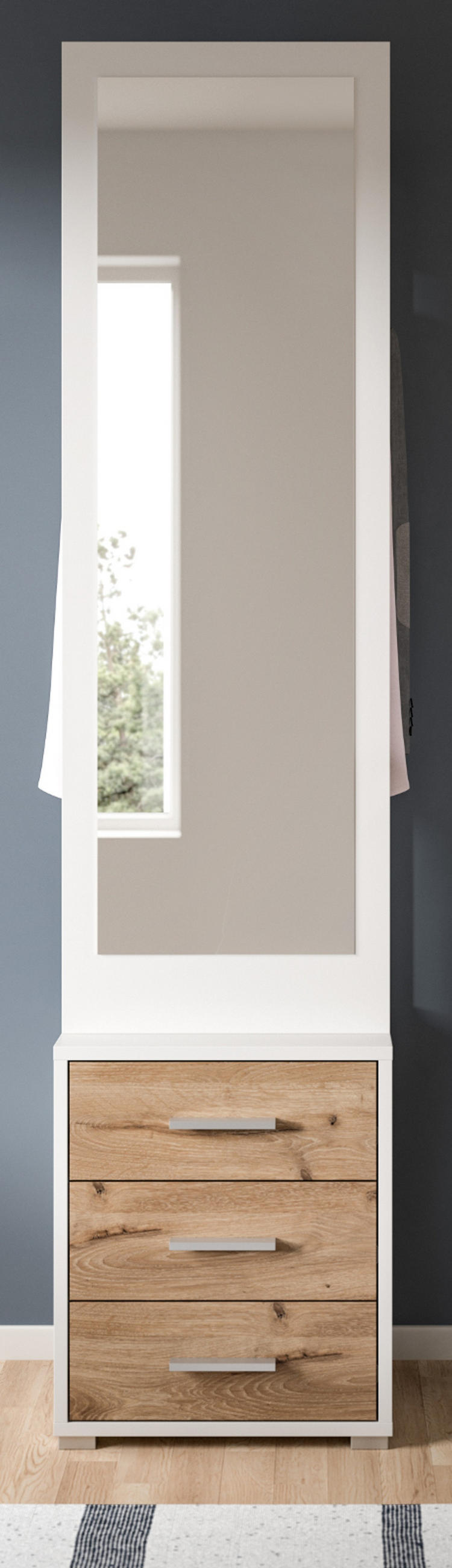 KOMPAKTGARDEROBE weiß, Eiche Nox, Garderobe mit Spiegel 45 x 190 cm - Eichefarben/Silberfarben, Glas/Holzwerkstoff (45/190/38cm) - Inn.Furn