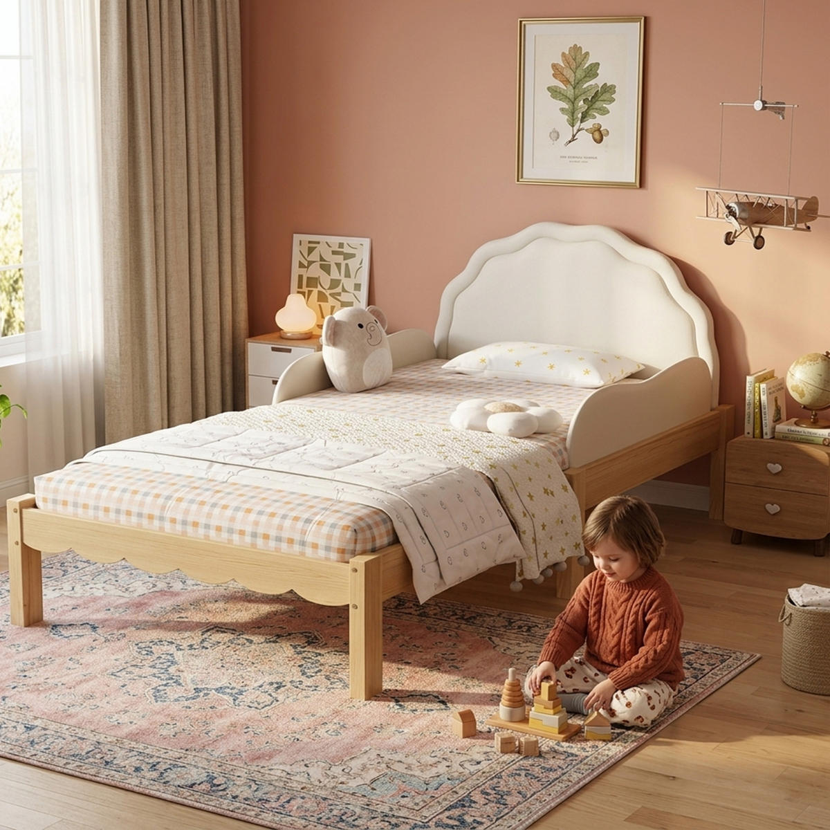 BETT 90/200 cm DE-32727 mit PU-Kopfteil und Seitengittern Beige - Naturfarben, Holz (90/200cm) - ComfortXL