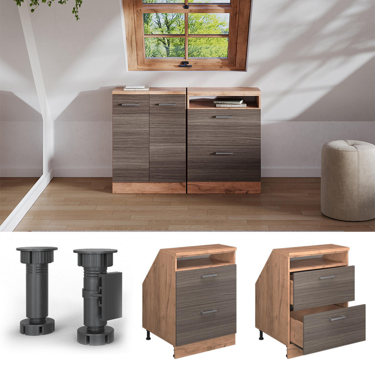 ORMARIĆ ZA KOSI KROV S LADICAMA Rion Plemenita Siva 60 x 81.6 cm s 2 ladice, korpus ormara dubine 60 cm - hrast medunac/siva, drvni materijal (60/83.8/60cm) - Vicco