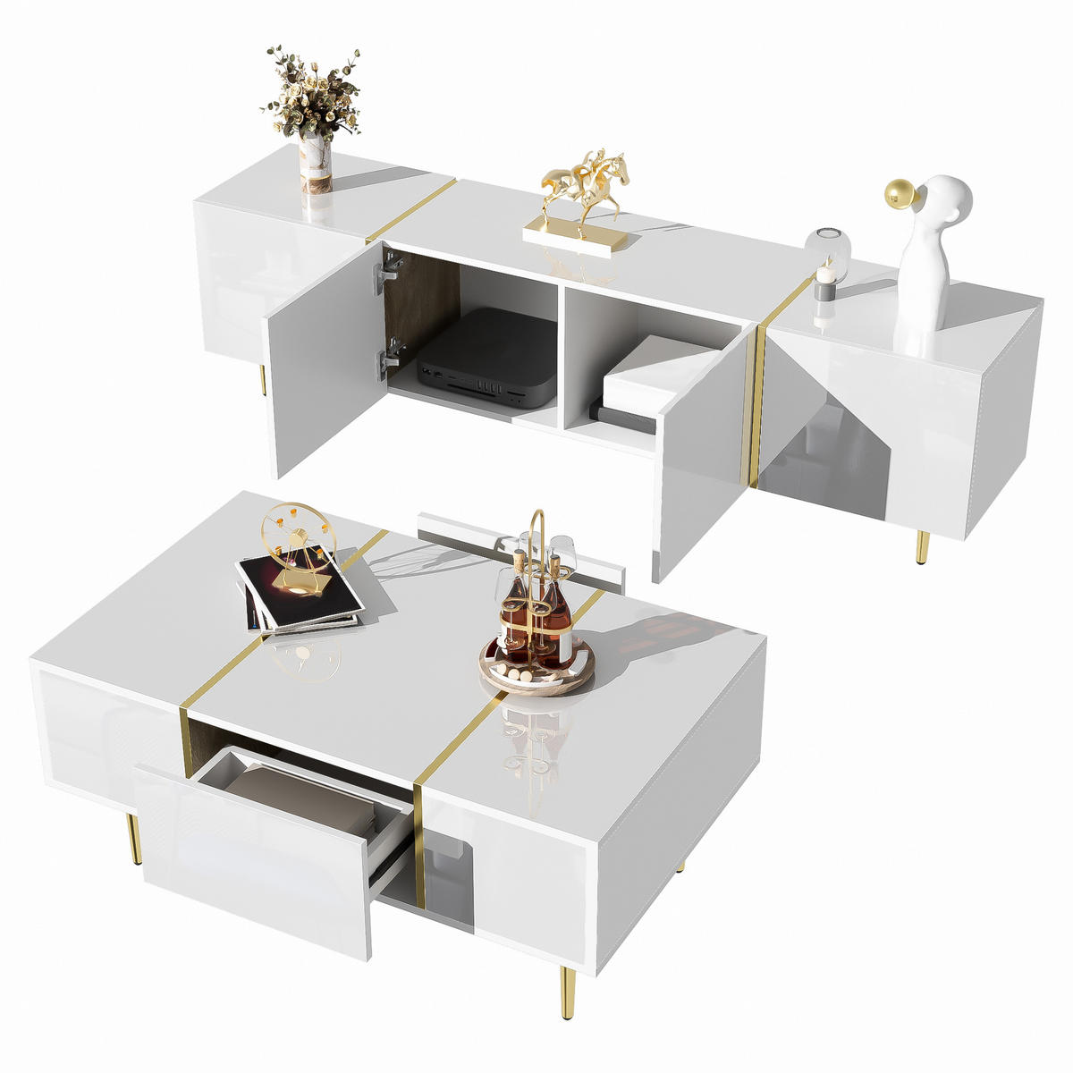 TV-SCHRANK Couchtisch Set weiß - Weiß, Holzwerkstoff (170/46/35cm)