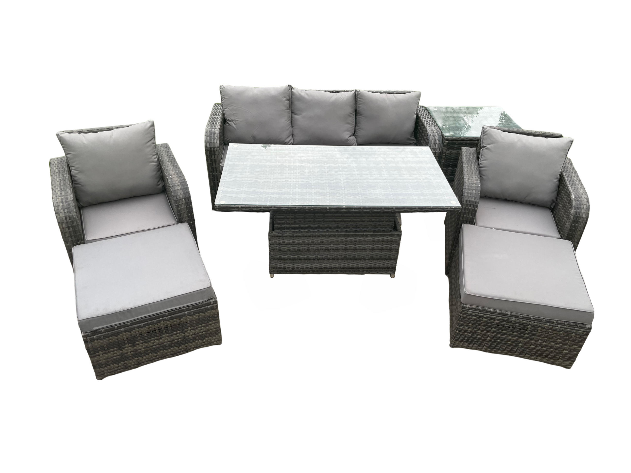GARTENMÖBEL-SET HÖHENVERSTELLBARER ESSTISCH 3-SITZER SOFA BEISTELLTISCH Polyrattan Outdoor 7-Sitzer - Dunkelgrau/Grau, Glas/Kunststoff - Fimous