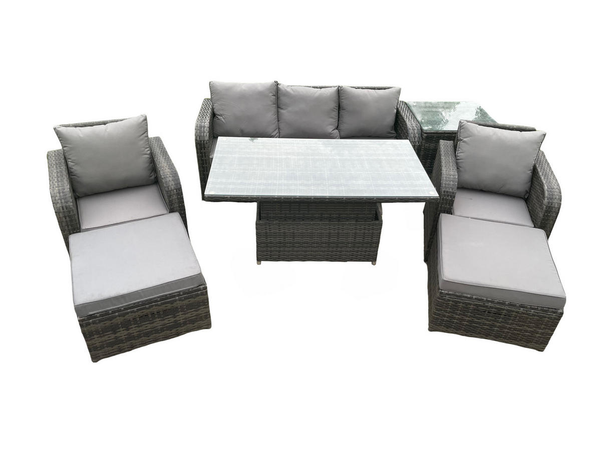 GARTENMÖBEL-SET HÖHENVERSTELLBARER ESSTISCH 3-SITZER SOFA BEISTELLTISCH Polyrattan Outdoor 7-Sitzer - Dunkelgrau/Grau, Glas/Kunststoff - Fimous