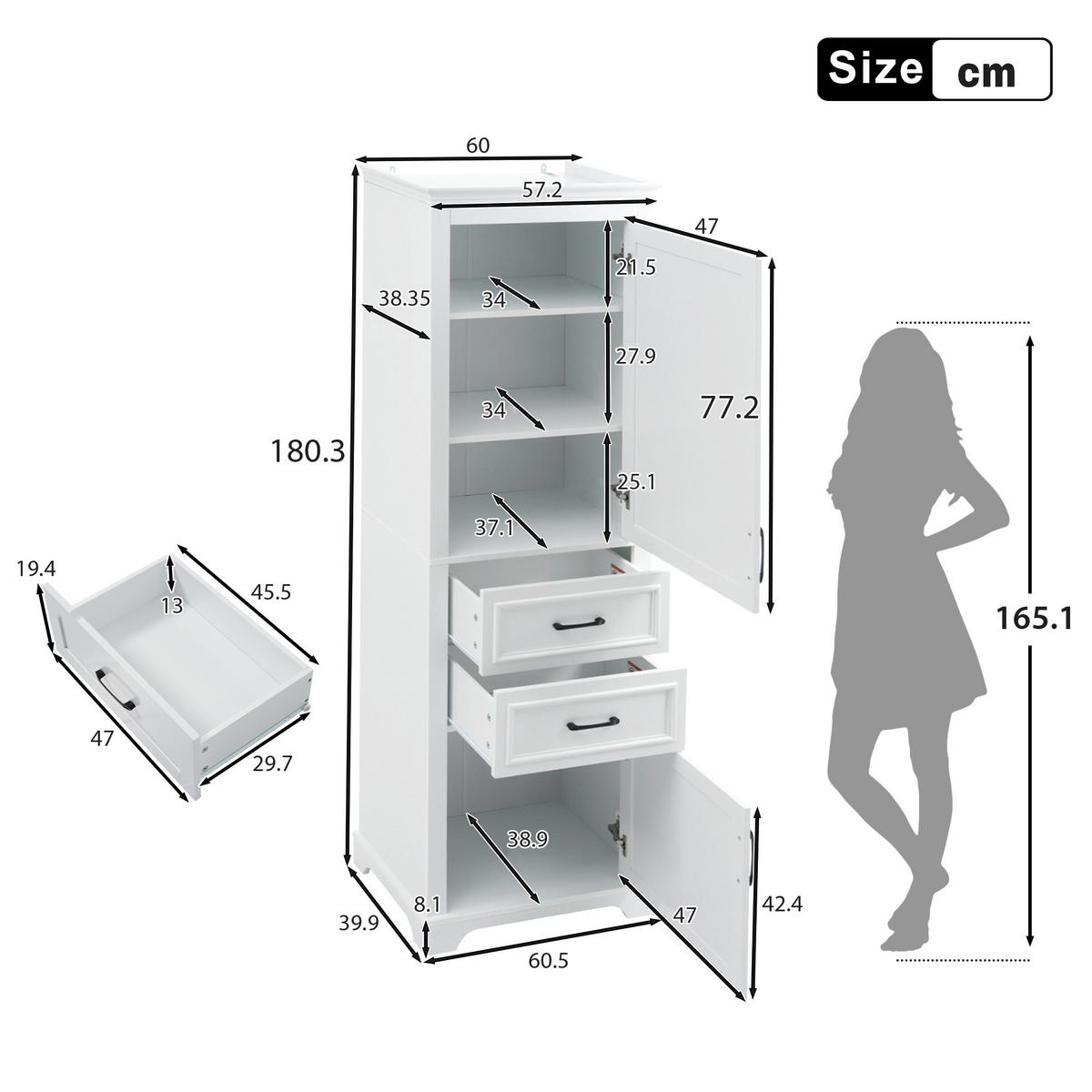 HOCHSCHRANK in Weiß Badezimmerschrank mit Schränken und Schubladen für Badezimmer, B60/T40/H180 cm - Weiß, Holzwerkstoff (60/180/40cm) - STILVORA