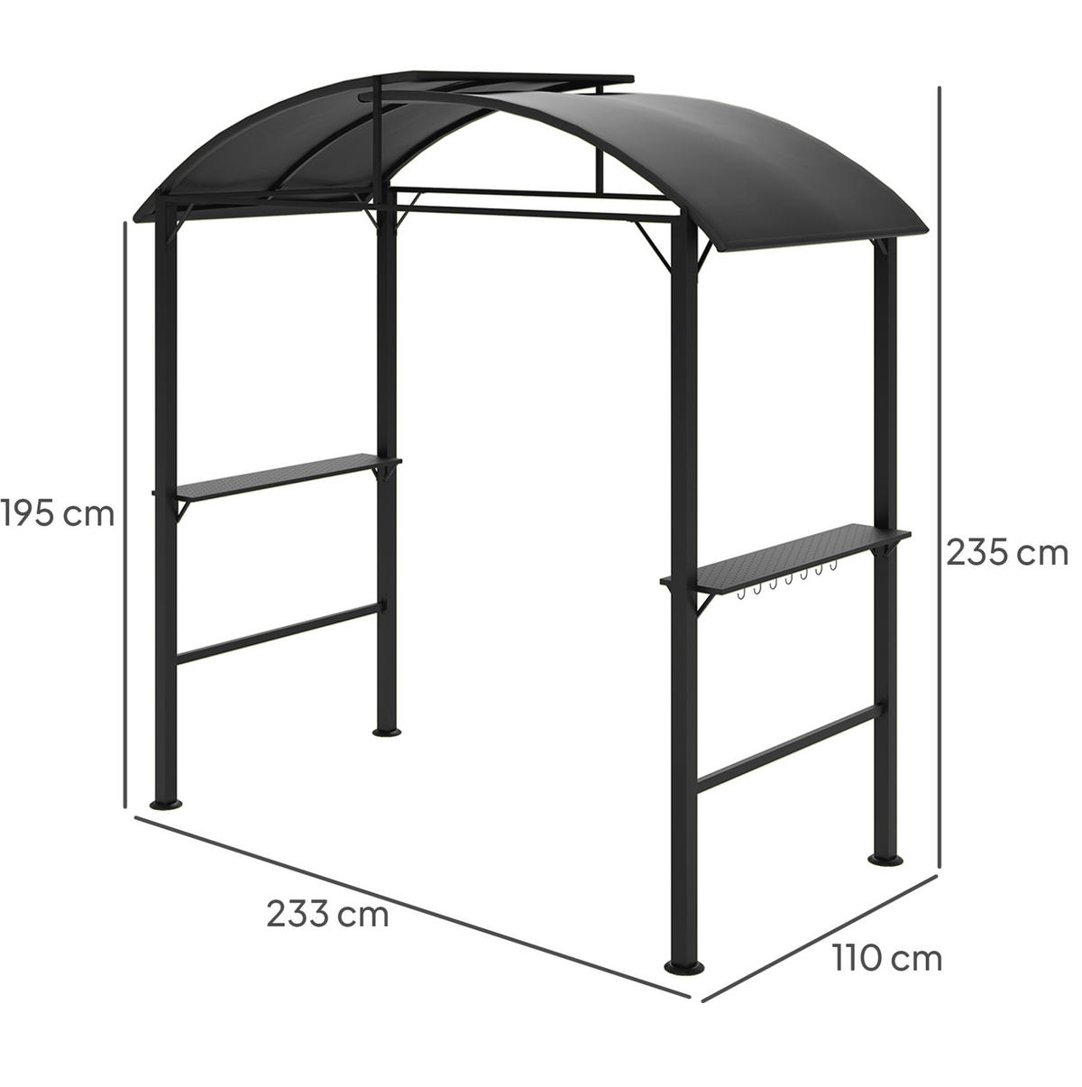 GRILOVACÍ altán ze oceli 233x110x235 cm tmavě šedý s dvojitou střechou, policemi a háčky - tmavě šedá, kov (233/235/110cm) - Modfu