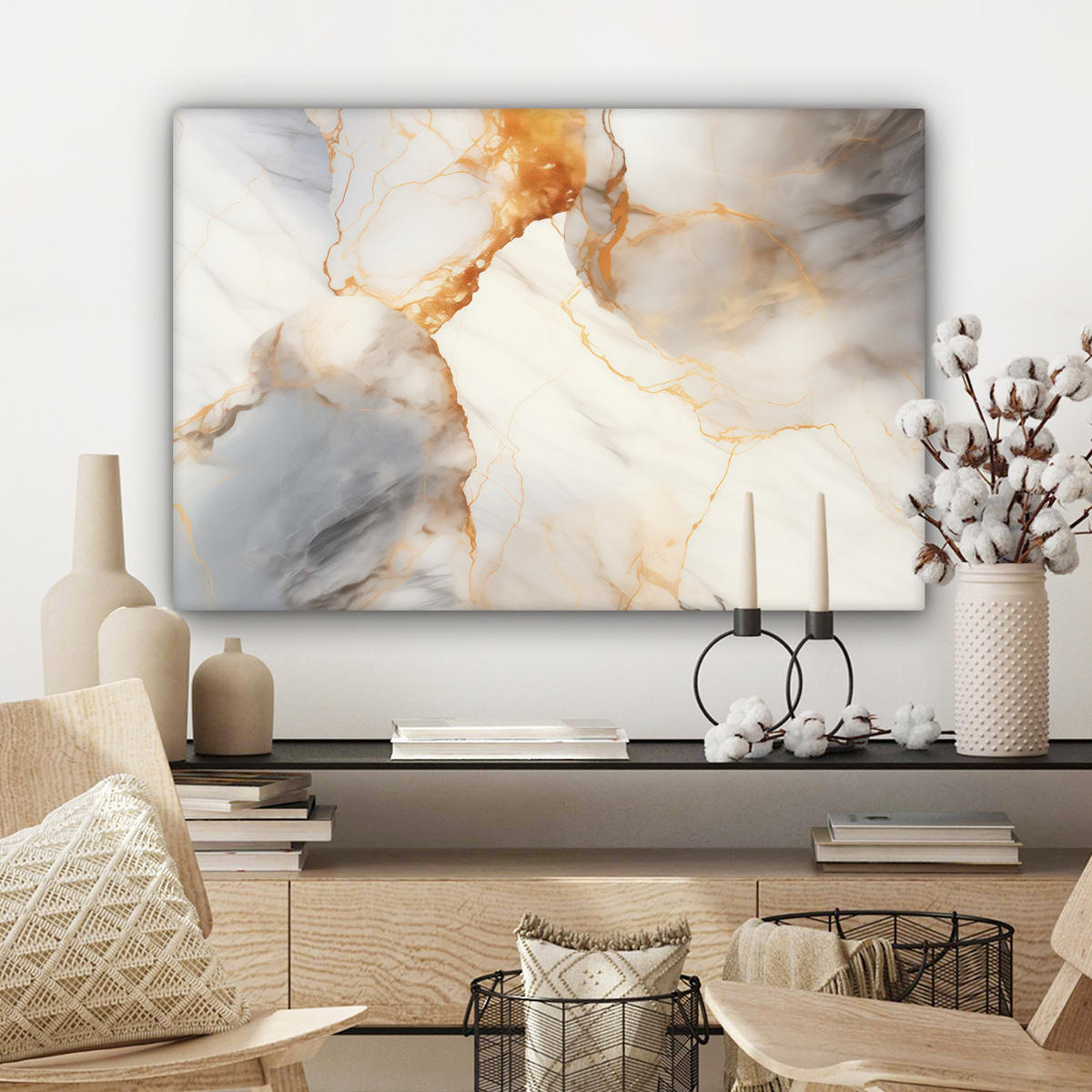 LEINWANDBILD Marmor - Grau - Gold Gemälde 60x40 cm - Weiß, Textil (60/40cm) - MuchoWow