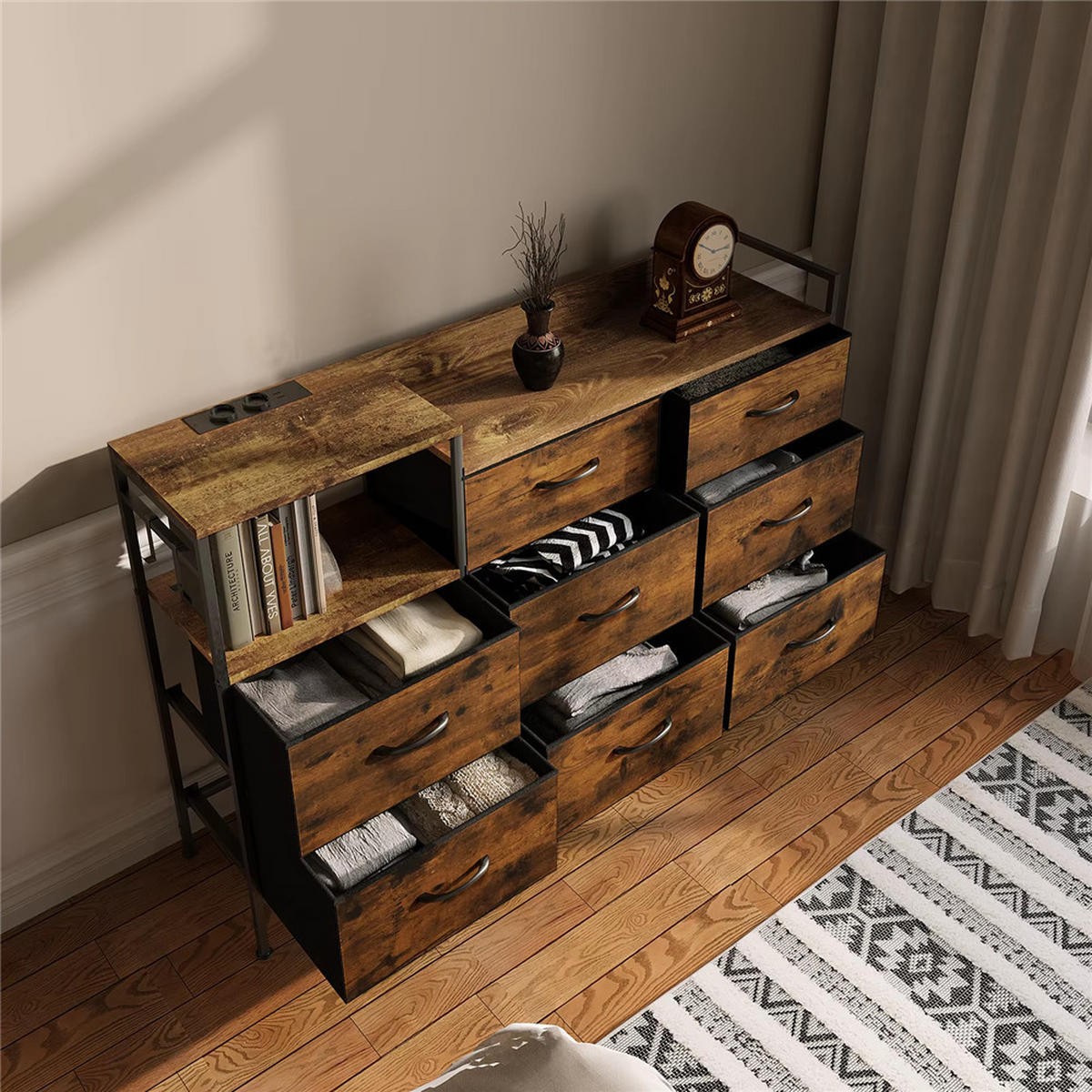 KOMMODE 8 Schubladen mit Ladestation Sideboard 132x88x30 cm - Braun, Metall (132/88/30cm) - Kaket