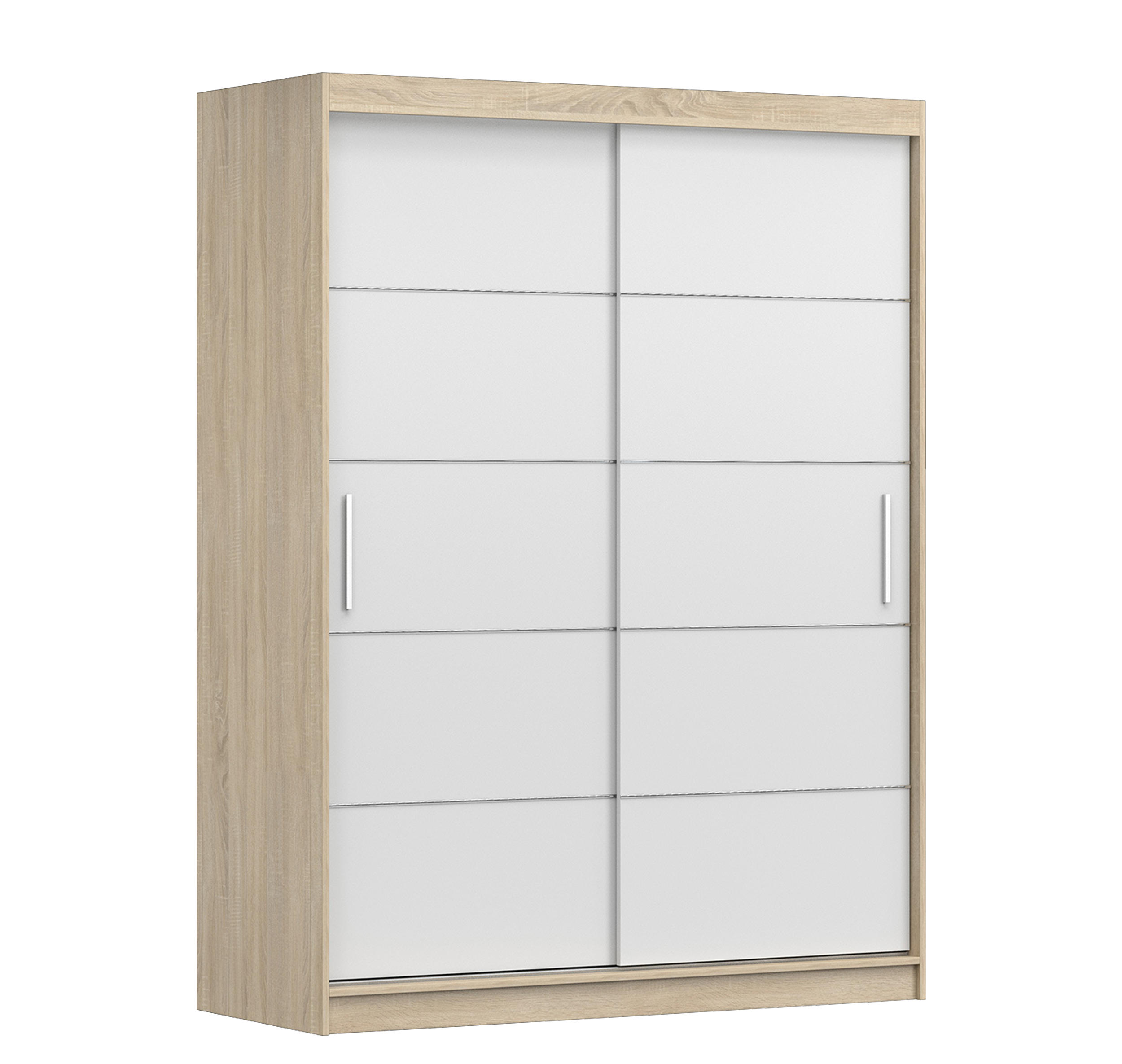 SCHIEBETÜRENSCHRANK - Lara 06 - Sonoma + Weiß - Weiß/Sonoma Eiche, Holzwerkstoff/Metall (150/200/61cm) - Möblo