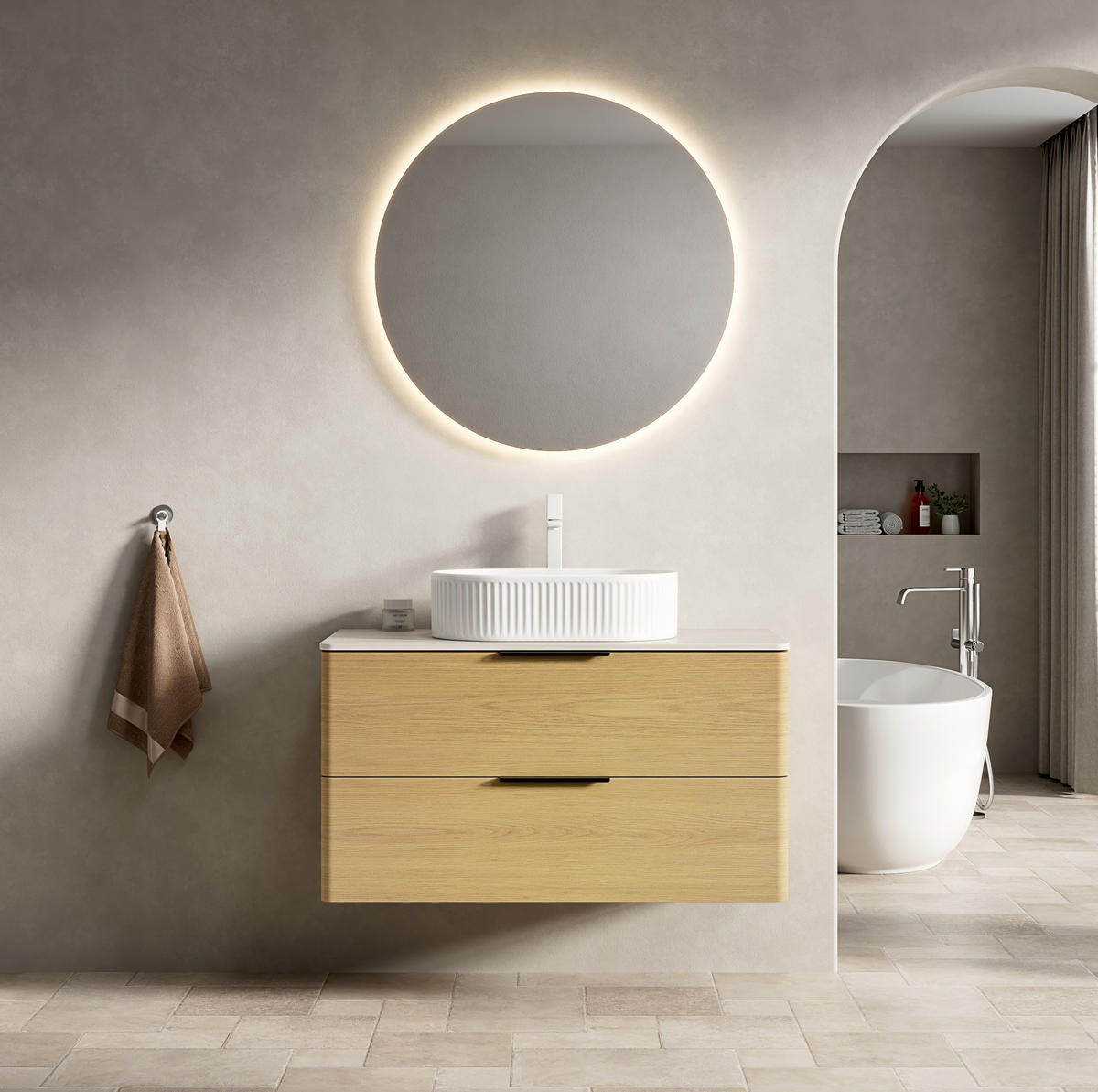 WASCHTISCH 90 cm mit 2 Schubladen Beige, Oak, White - Beige, Holzwerkstoff (46/62.2/90cm) - Beauniv