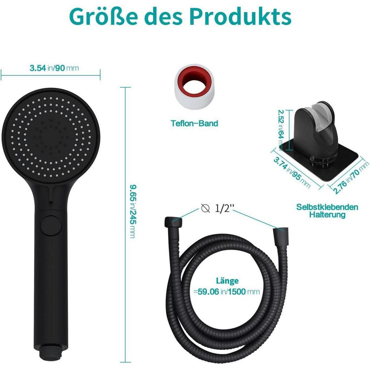 HANDBRAUSE Set Schwarz 3 Strahlarten Wassersparend mit Schlauch - Schwarz, Kunststoff (9/12.7/24.5cm)