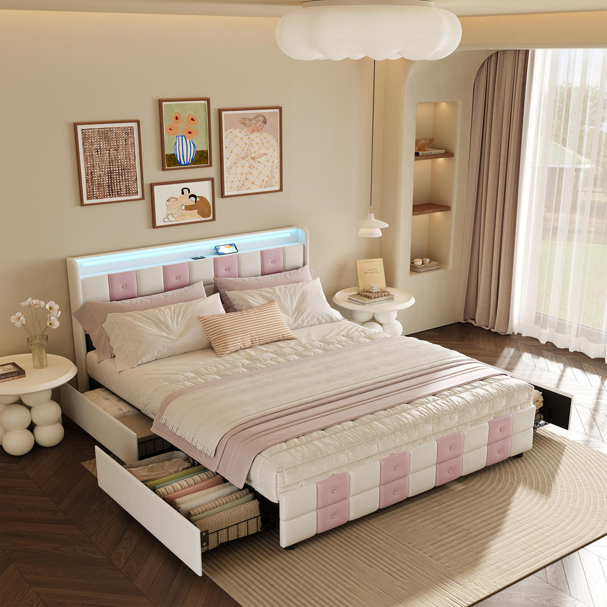 SAMTBETT 140x200 WEIß ROSA LED STAURAUM MODERN - Weiß, Holzwerkstoff (140/200cm) - SHOPENTRA