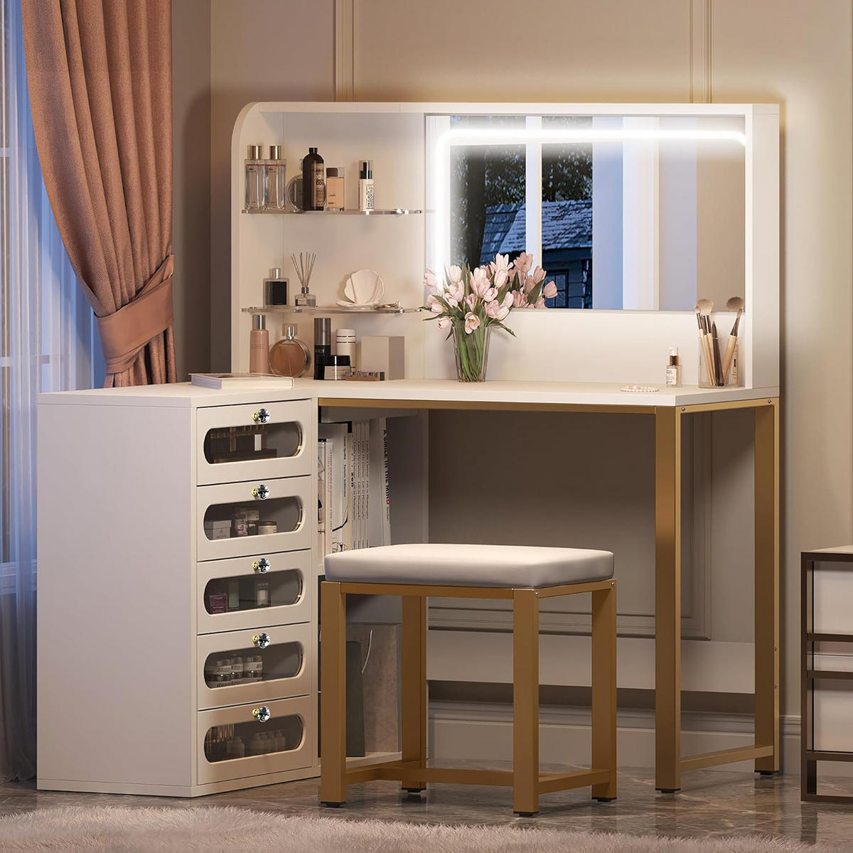 SCHMINKTISCH mit LED, 5 Schubladen, Spiegel, MDF, L-förmiger, 120x80x135 cm, Weiß - Weiß, Holz (120/135/80cm) - EuroLiving