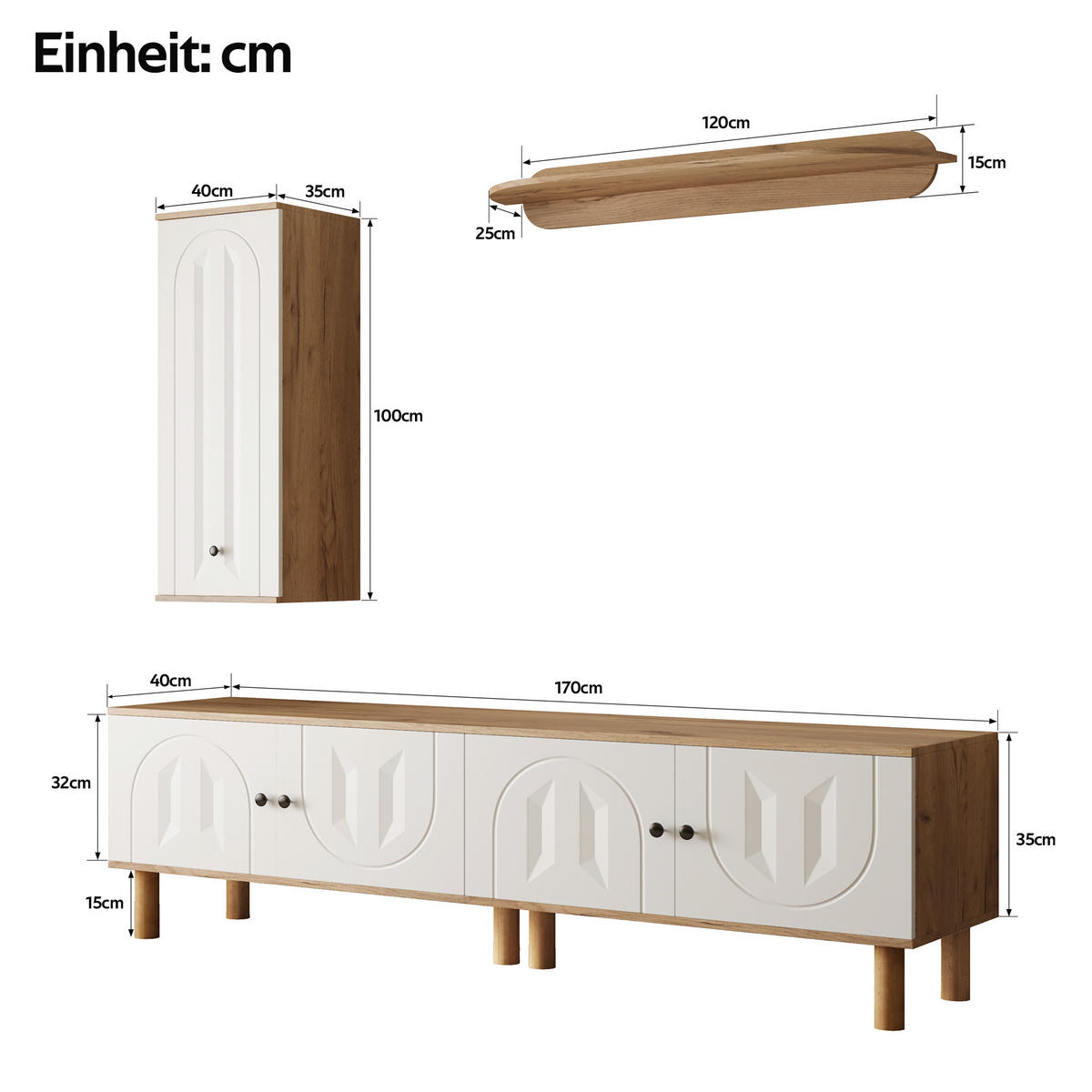 WOHNWAND 3-teilig Weiß Holz Highboard Wandboard modern - Multicolor, Holzwerkstoff (170/50/40cm) - FLIEKS
