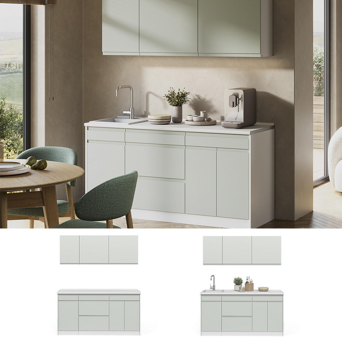 SINGLEKÜCHE R-Line, Pastellgrün/Weiß, 160 cm Arbeitsplatte Satin - Pastellgrün/Weiß, Holzwerkstoff (160/81.6/60cm) - Vicco
