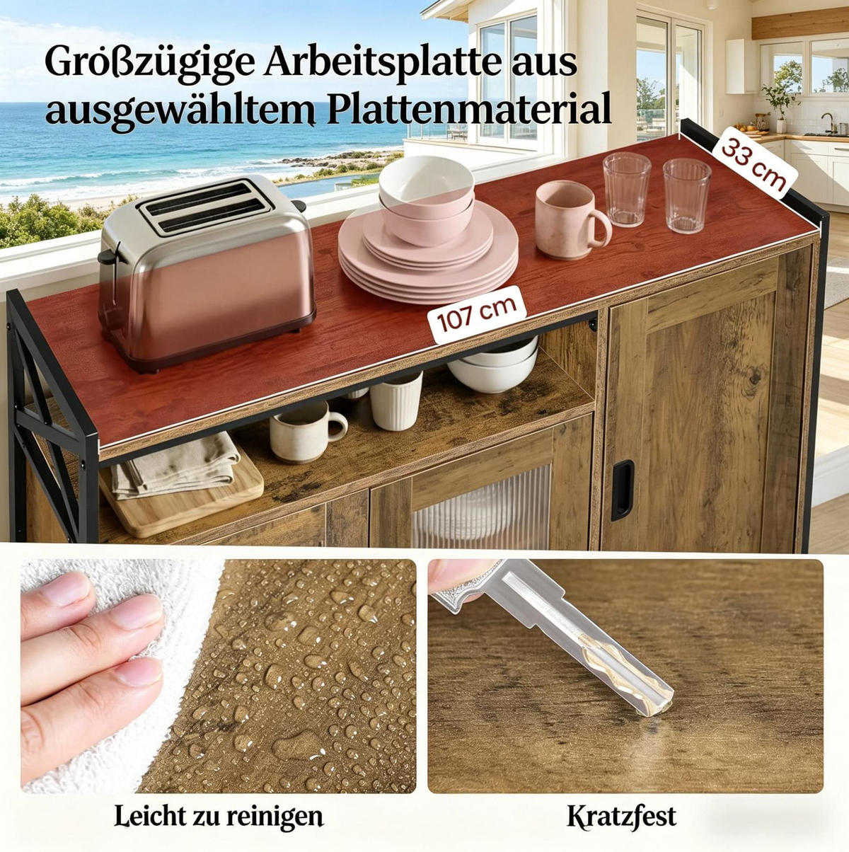 SIDEBOARD 110/33/75 cm braun aus Holzwerkstoff und Metall mit offenem Fach und verstellbaren Regalen - Braun, Holzwerkstoff (33/75/110cm) - OKWISH