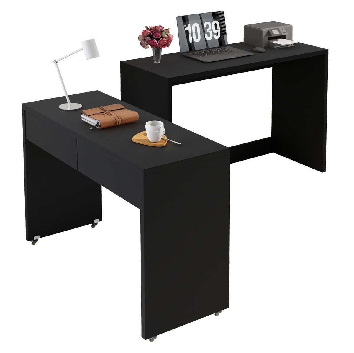 SCHREIBTISCH 2-in-1 ausziehbar 110x40x78 cm Schwarz mit Rollen - Schwarz, Holz (110/40/78cm) - Meubliv