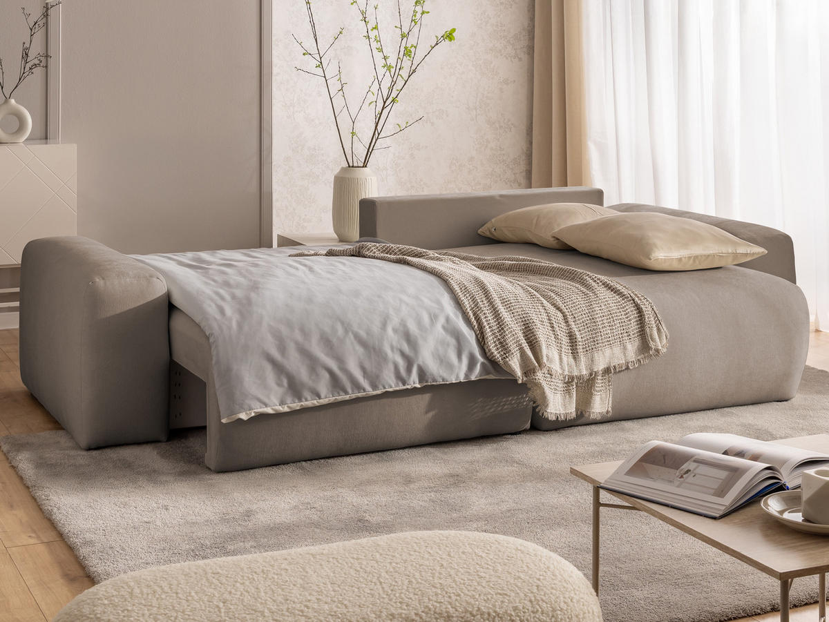 ECKSOFA Puffy mit Schlaffunktion und Bettkasten - besonders weich und puffig aus Greige Webstoff - Ottomane rechts - Greige/Schwarz, Holz/Kunststoff (266/138cm) - S-Style Möbel