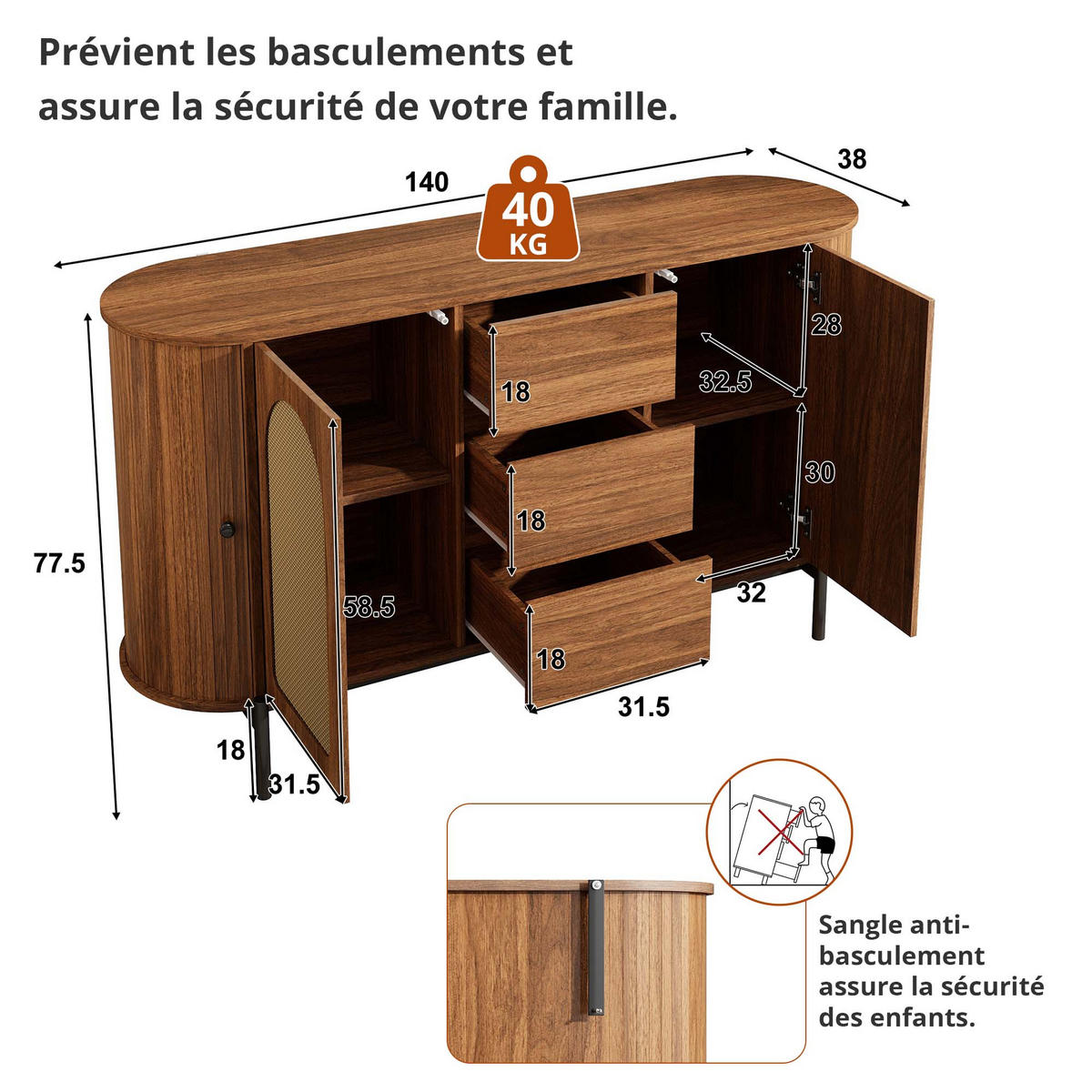 SIDEBOARD in Holzoptik mit Rattan, ovale Form und verstellbaren Fächern - Walnussfarben, Holzwerkstoff (140/77.5/38cm) - Urban Meuble